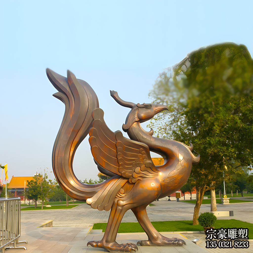 朱雀銅雕，紫銅色鑄銅神獸朱雀雕塑